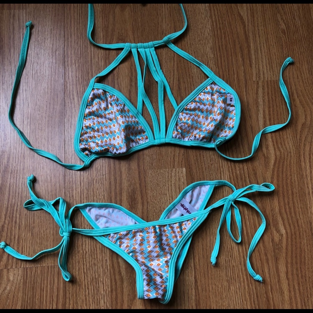 Teal print bikini worn once